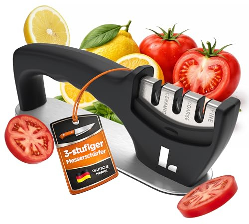 LUNARIA [PREMIUM] Messerschärfer 3-Stufig – Manueller Messerschleifer für Küchenmesser – Schnelles & Präzises Schärfen, Ergonomisch & Sicher