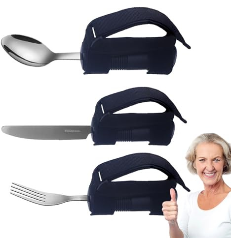 3Pcs Disability Aids Cutlery, Easy Grip Cutlery Set, Black Disability Aids with Knifes Fork Spoon, Elderly Eating Utensils, for Hand Tremors, Eating Drinking Utensils for Disabled People Elderly