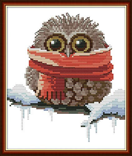 Awesocrafts Kreuzstich Stickpackungen, Eule Schal Niedlich Weihnachten Winter Bilder Vorlagen Stickerei Set Vorgedruckt