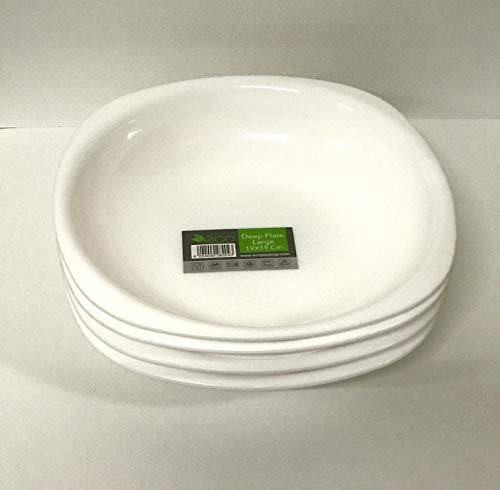 ECO 4 Pc Unbreakable Deep 19 x 19 cm White Round Plastic Plates | Large High Edge Kids Plates | Stackable Plastic Plate Reusable for Birthdays, Picnic, BBQ & Parties (White, Large)