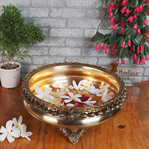 Two Moustaches Brass 8 Inch Urli Bowl on Ethnic Carved Legs, Decorative Bowl for Home Decor, Floating Flowers, Gifts for Housewarming, Pack of 1