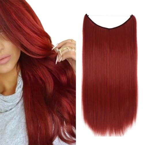 iLUU Synthetische Haarverlängerungen 22 80G Unsichtbare String Lange Gerade Haarverlängerung Secret Line Haarteile Perücke Haarteile für Frauen Mädchen Lady Daily Use (#130M, Rot)