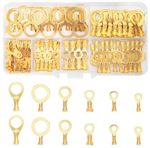 QOOSIKICC 160 Pezzi Capicorda Occhiello Elettrici, Ottone Terminali a Crimpare ad Anello Isolanti Kit, Anello Capicorda per Macchinari, Elettricità, Elettrodomestici - M3 M4 M5 M6 M8 M10