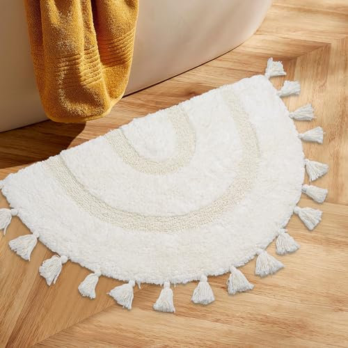 Halbkreis-Boho-Badezimmerteppich mit Quasten, 100 % Baumwolle, handgewebt, rutschfest, saugfähig, Badteppiche mit Teppichpolster, waschbar, Boho-Badematte, Teppich für Badewanne, Dusche, 50.8x81.3 cm