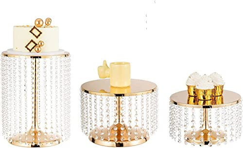 LANLONG Goldfarbener Kuchenständer, 3er-Set, Kristall-Kuchenständer, 16/20/40 cm hoch, Metall-Cupcake-Halter, Ständer für Hochzeit, Party, Dessert, Tisch, Babyparty, Zuhause, Dekoration