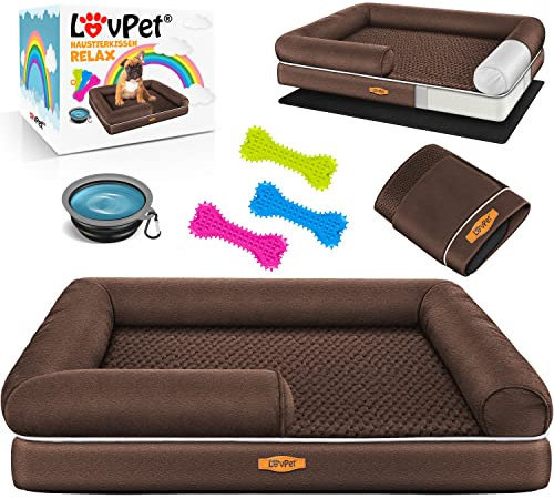 Lovpet® Orthopädisches Hundebett Hundekissen Hundekorb Relax, Inkl. Napf + 3X Kauknochen, Hundesofa für Kleine, Mittelgroße & Große Hunde, Bezug abnehmbar und waschbar, 91x71x22cm Braun