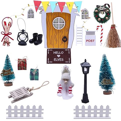 Weihnachten Puppenhaus Dekoration Miniatur Wichteltür Weihnachtswichtel Tür Set Gelb Elfen Tür Schlitten Weihnachtsbaum Weihnachtswichtel Zubehör Komplettset