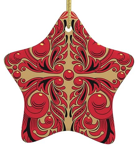 Weihnachtsschmuck, russisches Kunstmuster, gedrucktes Pentagramm, Keramikornamente, Basteln, Weihnachtsbaum, Keramik, hängende Weihnachtsbaumschmuck für Zuhause, Innen- und Außenbereich,