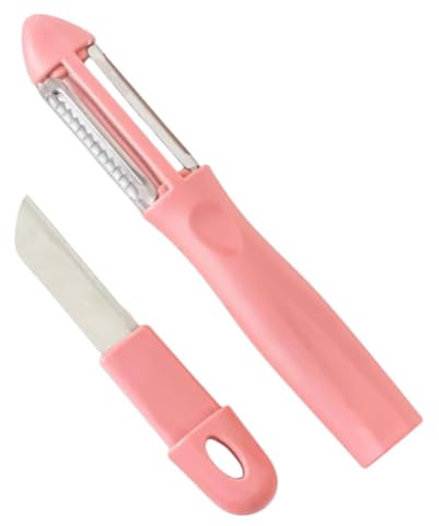 Pelador Patatas con Cuchillo, 3en1 Multipelador de Frutas y Verduras, Pelador Verduras, Pelador Multiusos|Pela Laminas Juliana|Cuchillas: Acero Inoxidable, Oscilantes, Afiladas|Mango Ergonomico (rosa)