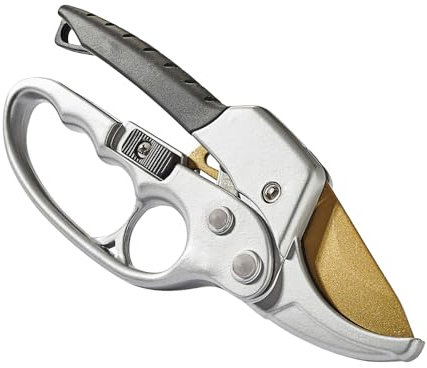 EUROtops Ratschen-Schere Titanium – Stabile Astschere, Gartenschere mit Klinge/Amboss, Titaniumbeschichtete Stahlklinge für Zweige/Äste/Triebe bis 20 mm, Silberfarben/Schwarz