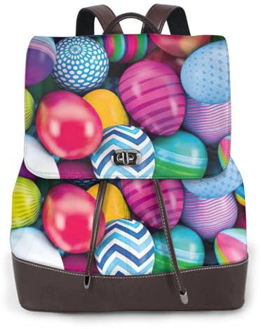 WURTON Eleganter Rucksack mit Ostereier-Druck, für Damen, schicker Rucksack, Handtasche, Leder, Reise-Schulter-Rucksack, Schwarz, Einheitsgröße