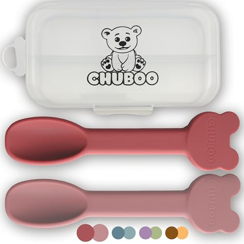 CHUBOO | Set Pappa Svezzamento Neonati | Bavaglino Silicone | Piatto con Ventosa per Bambini | Ciotola Svezzamento | Tazza |2x Cucchiaino Silicone Neonato (Rosso e Rose, Set Cucchiaini)