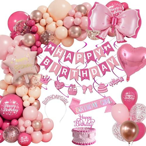 Birthday Decorations for Girls, Pink Birthday Balloons Birthday Party Decorations, Bow Happy Birthday Banner Foil Balloon Sash Tiara, Rose Gold Birthday Decoration Set for Girl 5 6 7 8 9 13 16 18th