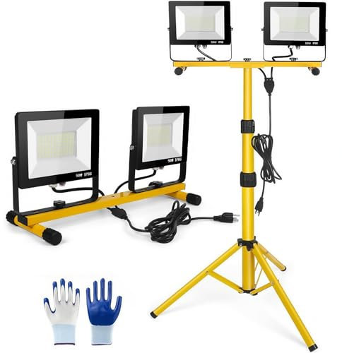 WUDLEP 100W Work Lights with Stand, 2 Adjustable Head LED Work Light, 16.4FT Cord with Adjustable and Waterproof Foldable Tripod Stand, for Workshop, Garage, Basement