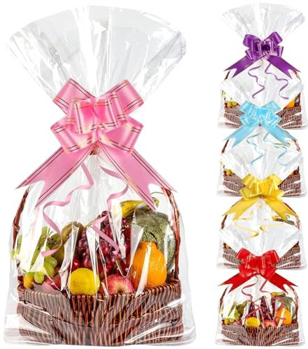 Lot de 20 Grands Sacs Cadeaux en Cellophane Transparent - 50 x 60 cm - Film Panier Cadeau Transparent avec 20 Nœuds à Tirer pour Paniers, Fleurs, Mariage