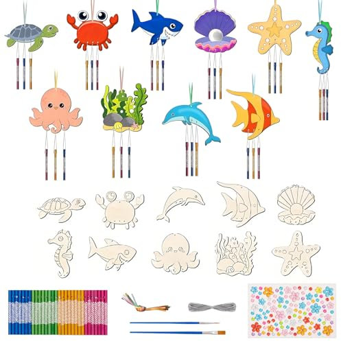 OOTSR 10er Set DIY Holz-Windspiele Meerestiere, Bastelset für Kinder, Malset zum Selbermachen, Sommerdeko, Geschenkidee für Geburtstage, Schulprojekte