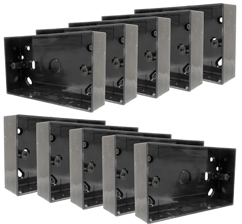 10 x Black Back Boxes for Double Socket, 32mm Deep, with Conduit and Mini Trunking Knockouts, Surface Mount 2 Gang PVC Pattress
