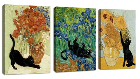 3Pcs Lustige Schwarze Katze Spielt mit Sonnenblumen Leinwand Bilder mit Rahmen Van Gogh Mohnblumen und Katze Wandbilder Schwertlilien Tiere Bild Auf Leinwand Deko für Wohnzimmer Schlafzimmer 30X40cm