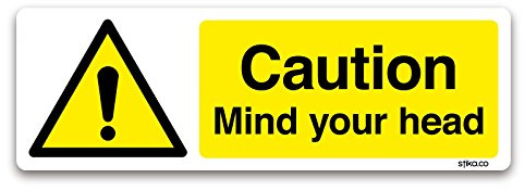 stika.co Pack of 2 Caution Mind Your Head Signs - Self-Adhesive Vinyl Hazard Stickers, 200 x 60mm - BS EN ISO 7010 Compliant Safety Signage for Low Headroom