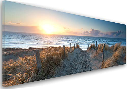 Feeby Bilder Strand Meer Wasser Landschaft 120x40 cm Wohnzimmer Schlafzimmer Büro Flur Küche Wandbilder Modern Bild auf Leinwand Wanddekoration Kunstdruck Design Aussicht Weg Sand Gras Blau Braun