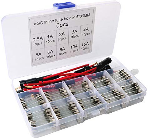 Gebildet 100Stück 6×30mm Glassicherung mit 5pcs Inline-Schraub-Typ AGC-Sicherungshalter, Fast-Schlag Glassicherung Glasrohr Assortierte Kit (Amp 0.5A 1A 2A 3A 4A 5A 6A 8A 10A 15A)