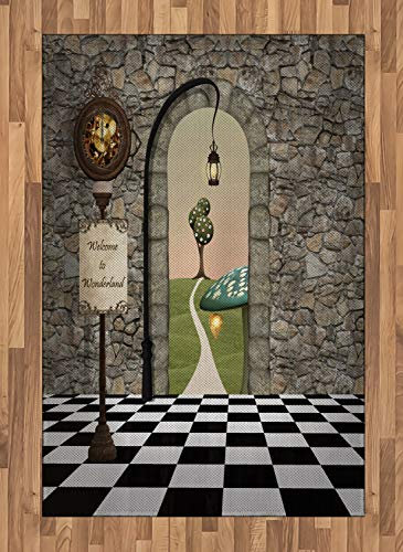 ABAKUHAUS Alice in Wonderland Area Rug, Welcome Wonderland Black and White Floor Landscape Mushroom Lantern, Flat Woven Accent Rug for Living Room Bedroom Dining Room, 4' X 5.7', Multicolor