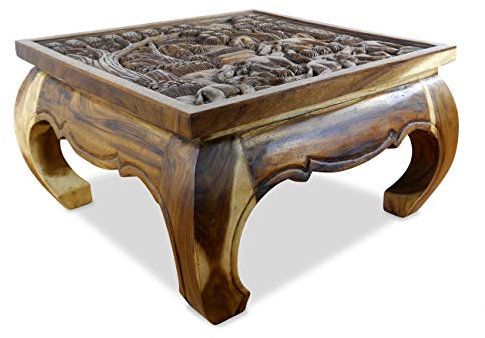 livasia Opiumtisch mit Glasplatte, Couchtisch, Massivholztisch mit Elefantenschnitzerei (86x86cm)