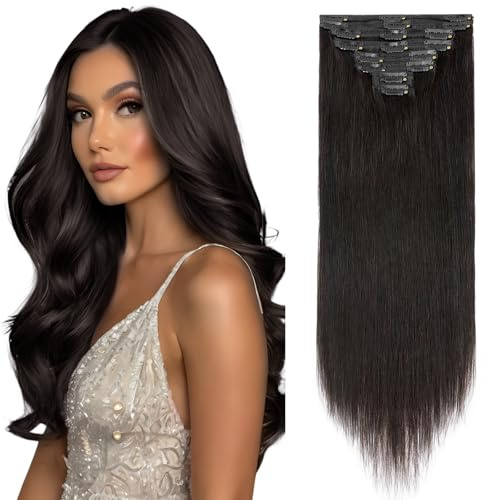 Elailite Clip in Hair Extensions Real Human Hair Double Weft Thick Remy Natural Hair Blonde - 8 Pieces Full Head Straight - #1B Natural Black - 24 Inch (170 g)
