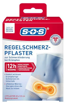 SOS Regelschmerz-Pflaster, angenehme Wärme zur Schmerzlinderung bei Krämpfen, wohltuende und konstante Tiefenwärme bei Schmerzen während der Menstruation, je 20 x 9,5 cm, 1 x 2 Pflaster