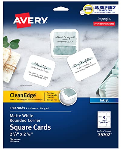 Avery Square Cards with Rounded Edges, 2.5 x 2.5, Clean Edge, Inkjet, 180 Cards (35702)