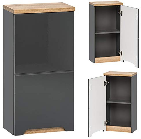 Lomadox Badezimmer Hängeschrank Hochglanz grau mit Wotaneiche, B/H/T: 35/70/20cm