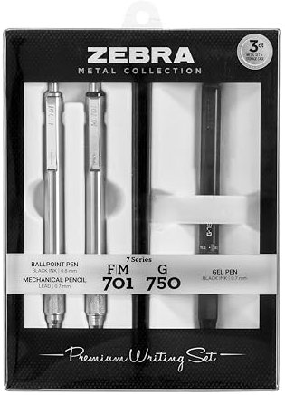 Zebra Gelschreiber, einziehbarer Kugelschreiber, 0,7 mm, einziehbarer Kugelschreiber mit schwarzer Tinte und hochwertigem Edelstahlschaft 0,8 mm und Druckbleistift 0,7 mm, Set