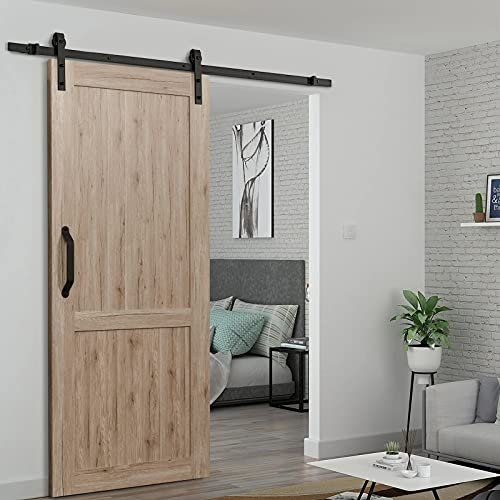 Schiebetür Scheunentor,Schiebetürbeschlag Set Scheune Holzschiebetür Hardware Set Stahl Gleitschiene Antik Schienensystem Schwarz 6FT,bis zu 120 kg