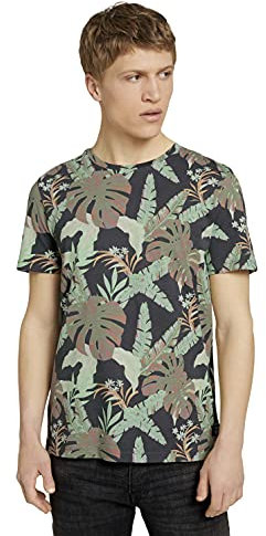 TOM TAILOR Denim Herren T-Shirt mit Palmenprint 1025903, 26969 - Tropical Monstera Leaf Print, L