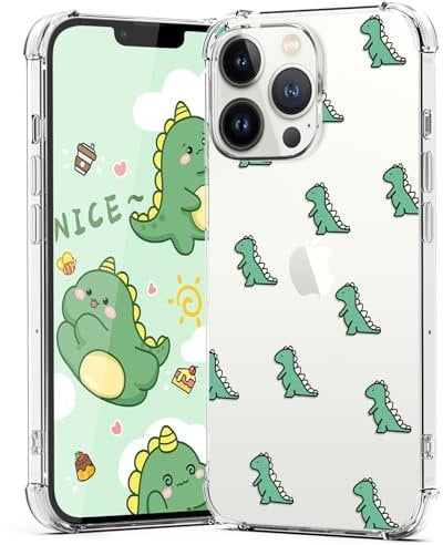 CAROKI Cute Dinosaur Case for iPhone 13 Pro Max, Clear Shockproof Transparent Case with Cute Dino Pattern Soft TPU Bumper Protective Cover for 6.7 iPhone 13 Pro Max (2021)