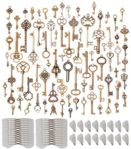 SVUPUE 43 Stück Vintage Schlüssel, Schlüssel mit 40 Stück Weiß Libelle Flügel Charm für DIY Dekoration Party, Halskette