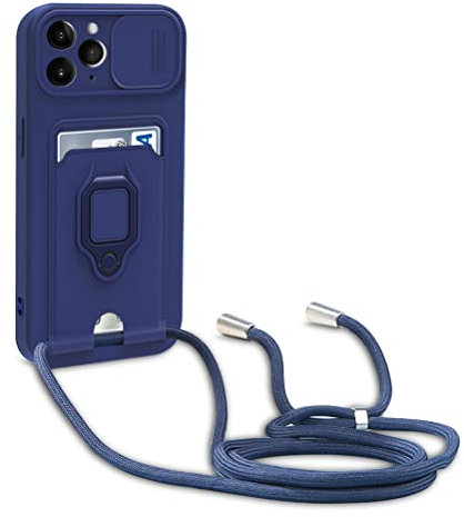 yanasuo Cover con Collana Compatibile con iPhone 11 Pro Max, Cover con Pratico Cordino, Slidable Protezione Fotocamera Slot Carte 360° Anello Supporto, Blu