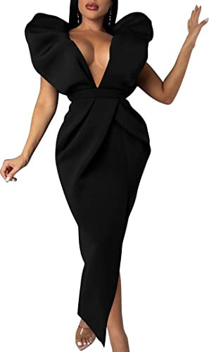 Memoriesea Women's Sexy Deep V Neck Puff Sleeve Side Split Ruched Backless Gown Dress, Black, Large