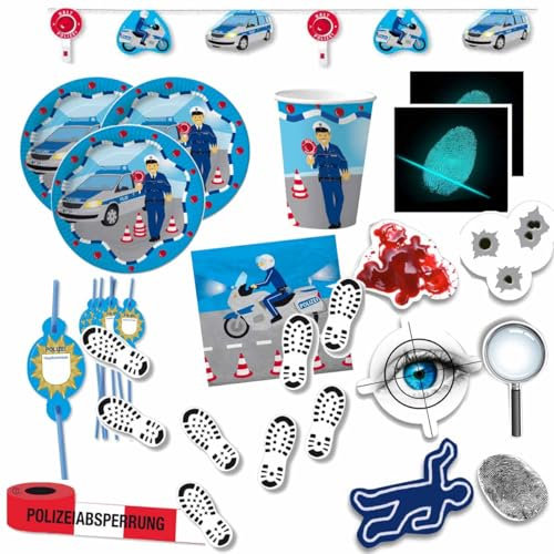 Polizei-Partyset für 10 Kinder mit Sticker Fingerabdruck // * Polizei * Partydekoration // Großes Partyset für die Partydekoration Polizeigeburtstag 10 Kinder