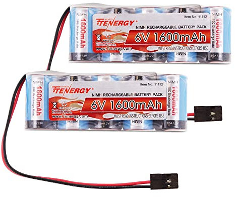 Tenergy Empfängerakku, 6 V, NiMH-Akku, wiederaufladbar, mit Hitec-Anschluss, 1600 mAh, hohe Kapazität, nebeneinander, 5 C flacher RX-Akku für RC-Fahrzeuge, 2 Stück