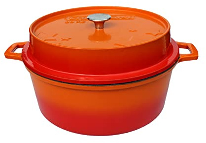 Grillfürst farbig emaillierter Dutch Oven ca. 7,5 Liter Fassungsvermögen - stabil stehender Gusseisentopf ohne Füße, orangefarbene kratzfeste Emaillierung, multifunktional, ca. 18,5 x 38,8 cm, DO7,5