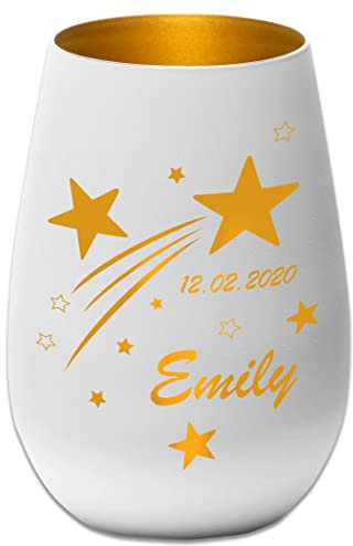Sternenkind Trauerlicht Sternschnuppe - weiß/Gold - Gedenklicht Teelichtglas personalisierbar Erinnerung Trauergeschenk mit Name und Datum