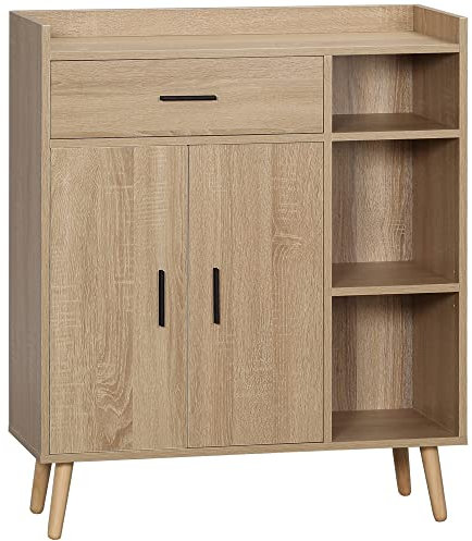 HOMCOM Aparador de Salón Moderno con 2 Puertas 1 Cajón y 3 Estantes Abiertos Mueble Auxiliar de Almacenaje para Cocina Dormitorio Entrada Antivuelco 80x30x96,5 cm Natural