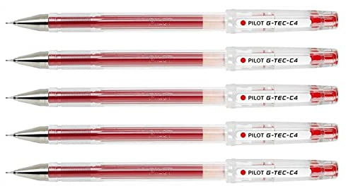 PILOT G-TEC-C4 Gel Ink Rollerball Pens Ultra Fine Tip 0.4 mm Line 0.2 mm Red Pack of 5aa