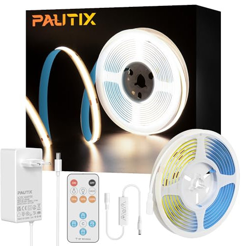 PAUTIX COB LED Streifen Weiß 4000K, 5m 480LEDs/M Dimmbar 24V Flexibel LED Strip lights Set mit RF Fernbedienung und GS Netzteil,CRI93+ Hell Unterbauleuchte für Home DIY Dekoration,Timerfunktion