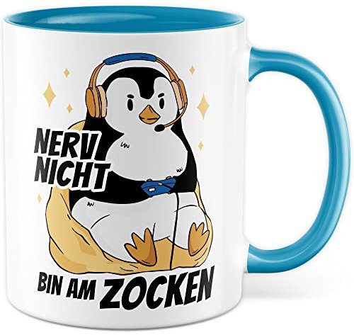 Tasse Zocken Geschenk, Nerv nicht - Bin am zocken Geschenkidee Gamer Kaffeetasse mit Spruch lustig Kaffee-Becher Gaming Kinder Tasse Computerspiele Zocker Teetasse Pinguin-Motiv (Weiß/Blau)