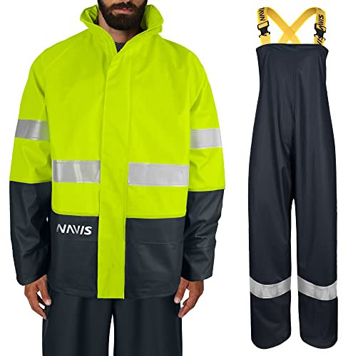 NAVIS MARINE Tuta antipioggia da lavoro per uomo impermeabile da lavoro giacca resistente con bretelle pantaloni durevoli 3 pezzi, Giallo fluorescente., XX-Large
