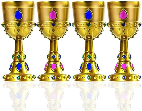 ZHURUININ 4 Pcs Medieval Molded Crown Goblets 8 oz Gold Jeweled Plastic Chalice King Queen Party Goblets Medieval Party Decorations for Carnival Party Drinking Decor Supplies (4)