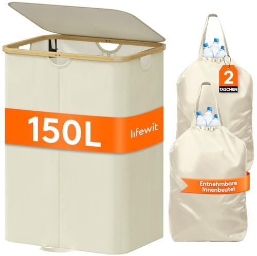Lifewit Laundry Basket with Lid,Clothes Hampers for Laundry with Bamboo Handles and A Removable Laundry Bag, Large Foldable Laundry Hamper for Bedroom, Bathroom,Dorm, Laundry Room (150L, Cream White)
