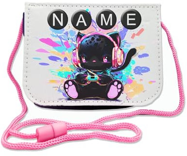 Kinder Brustbeutel mit Name und Schriftartwahl | Klettverschluss mit Schnur zum Umhängen und Klarsichtfach | Geldbeutel personalisiert | 3 Farben (Zocker-Mieze)